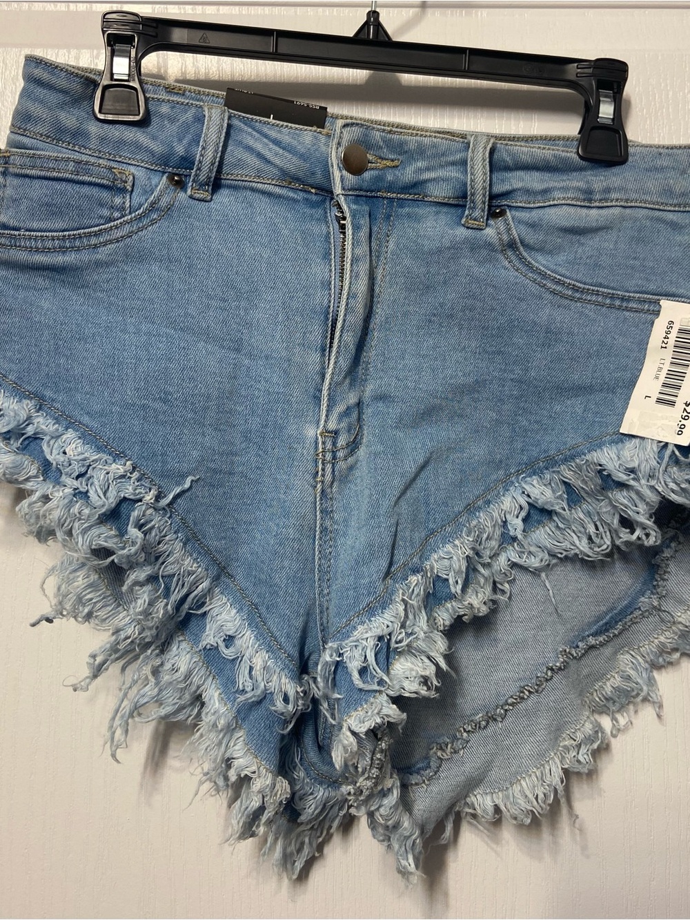 NWT American Bazi Light Blue Distressed V-Fringe Denim Shorts - Size L